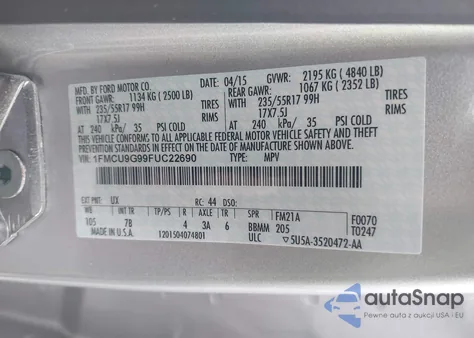 2015 Ford Escape Se z USA, uszkodzony, nr VIN 1FMCU9G99FUC22690